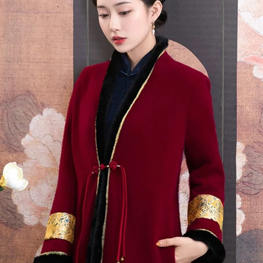 9831-冬款百搭国风优雅长款加绒加厚保暖外套气质显瘦文艺上衣