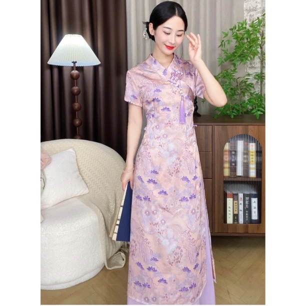 【心懂旗袍】120CM紫色V领改良奥黛不开叉古风复古旗袍