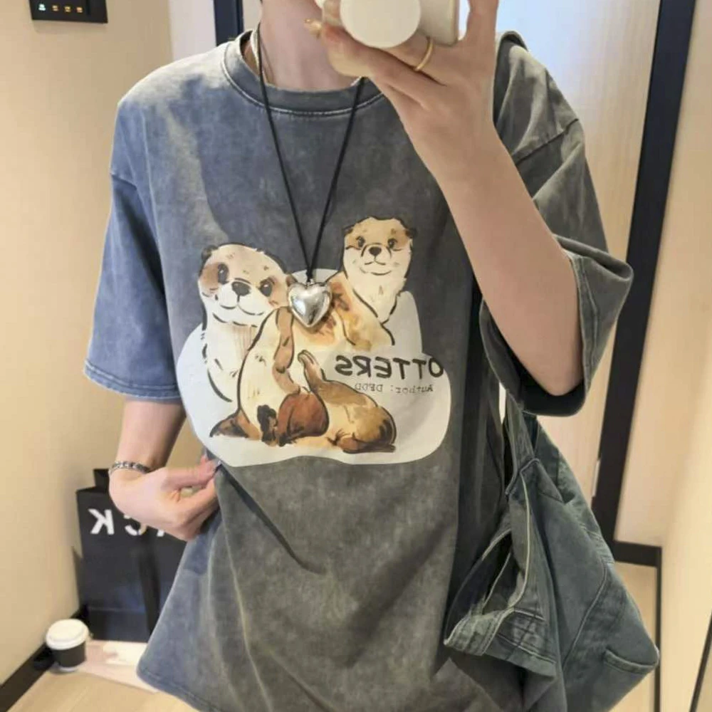 2025夏季新款重工水洗炒色短袖T恤女宽松慵懒风休闲显瘦半袖上衣