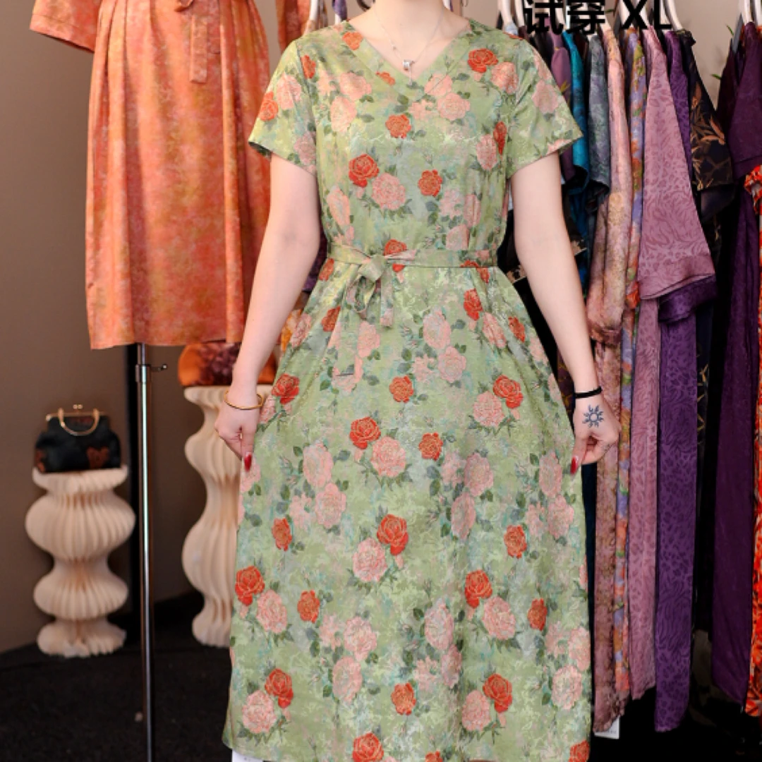 3037【织锦•绿牡丹】 V领宽松遮肉显瘦连衣裙