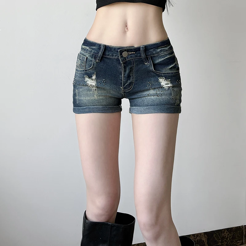 美式复古辣妹磨破做旧牛仔短裤女2025春季低腰性感烫钻卷边休闲裤