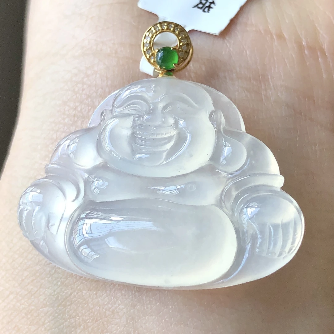 缅甸天然A货翡翠18k金镶嵌老坑冰种佛公吊坠尺寸32.7/30.5/5.2