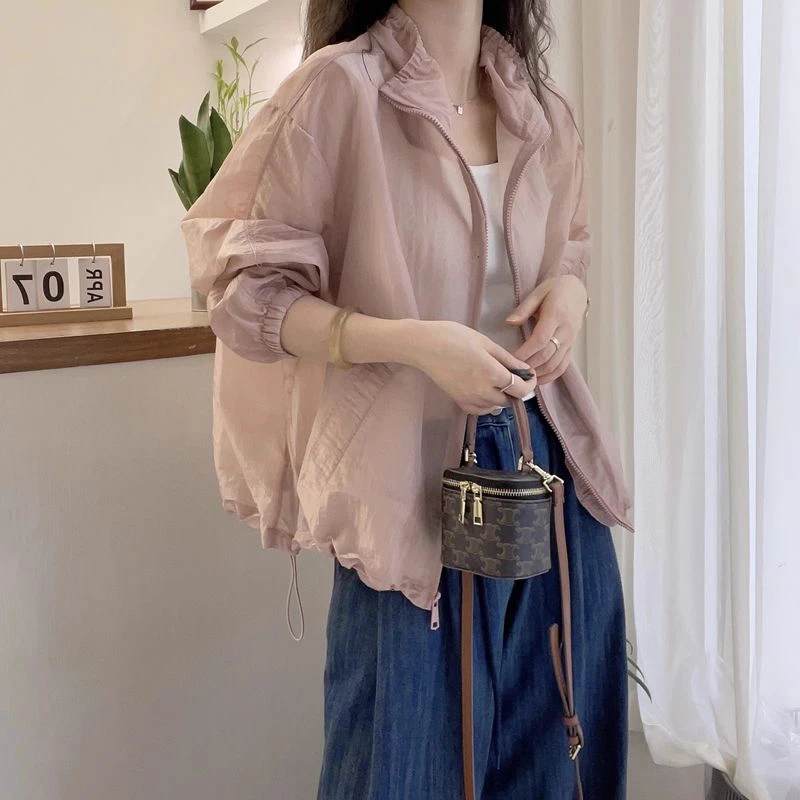 薄款上衣女2025春夏新款时尚慵懒风宽松链立领长袖休闲外套