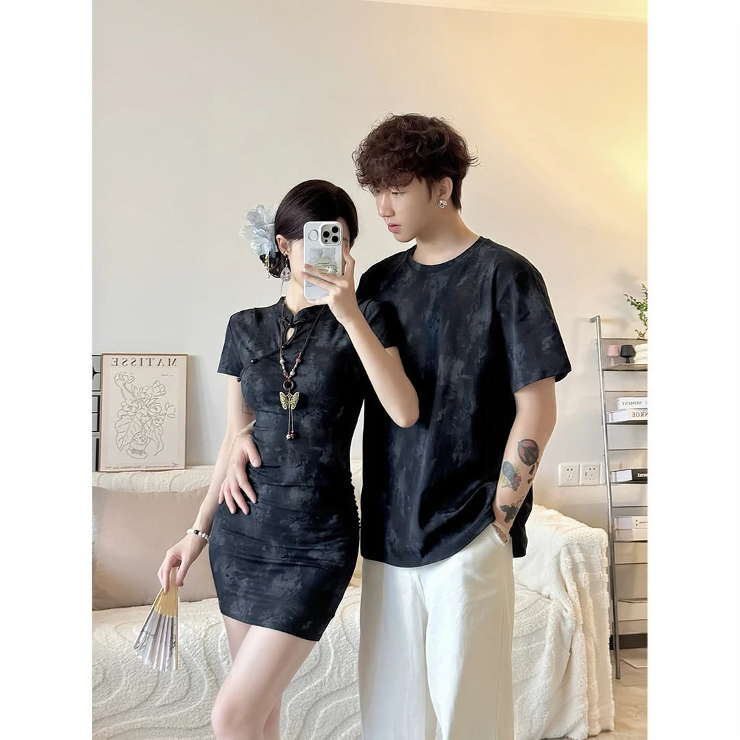 新中式情侣装夏季小众设计感短袖t恤女旗袍连衣裙法式一裙一衣潮