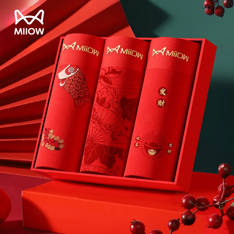 MiiOW/猫人男士鸿运中腰短裤棉质红色本命年透气结婚底裤#M1605