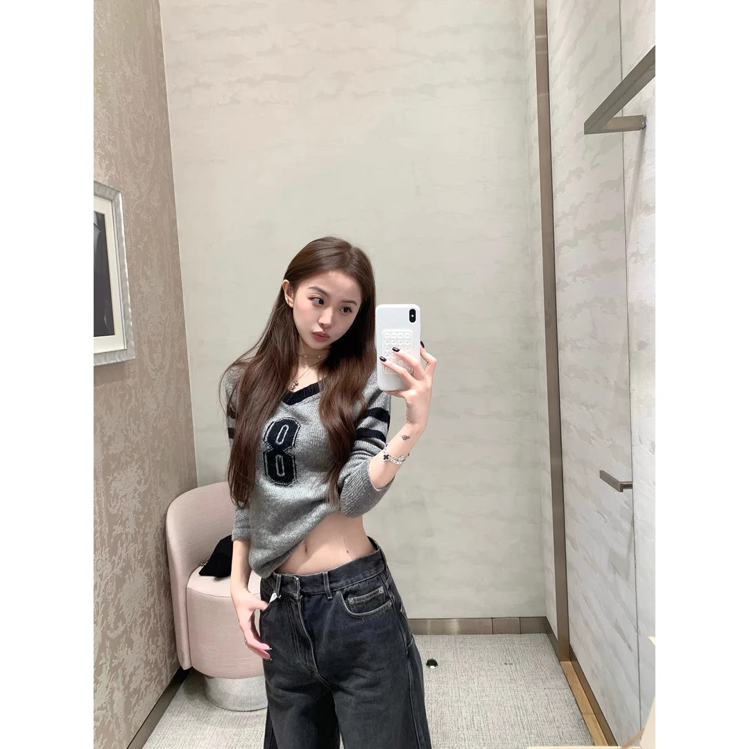美式辣妹显瘦8号美式棒球风撞色v领长袖针织衫L1520