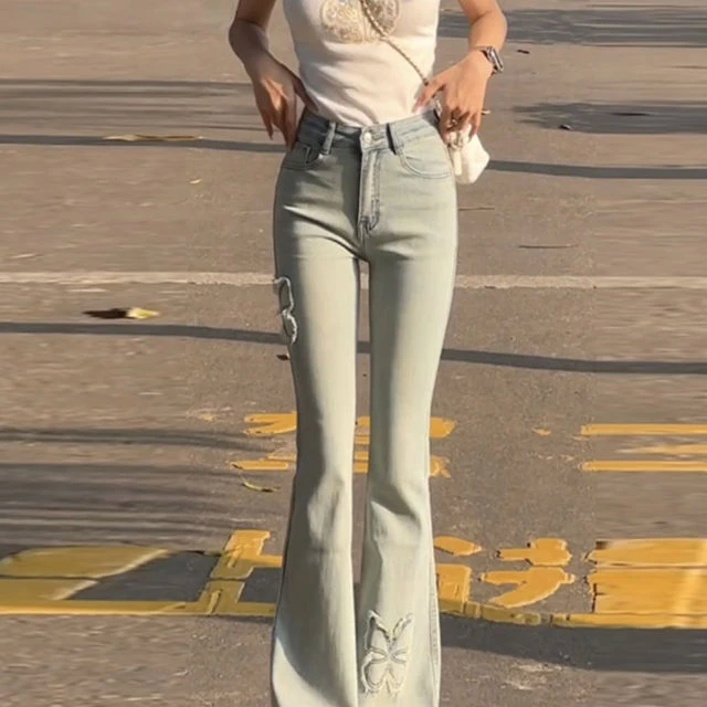 设计感蝴蝶刺绣高腰微喇牛仔裤女2025夏季新款韩版弹力显瘦喇叭裤