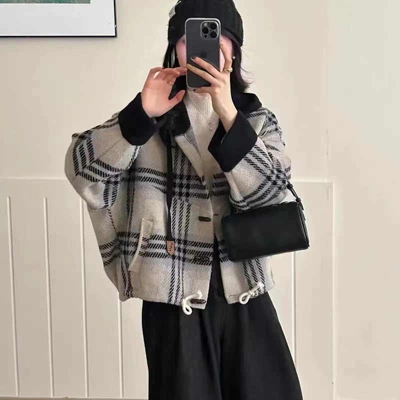 格子牛角扣毛呢外套女加厚秋冬新款韩版撞色连帽双面百搭