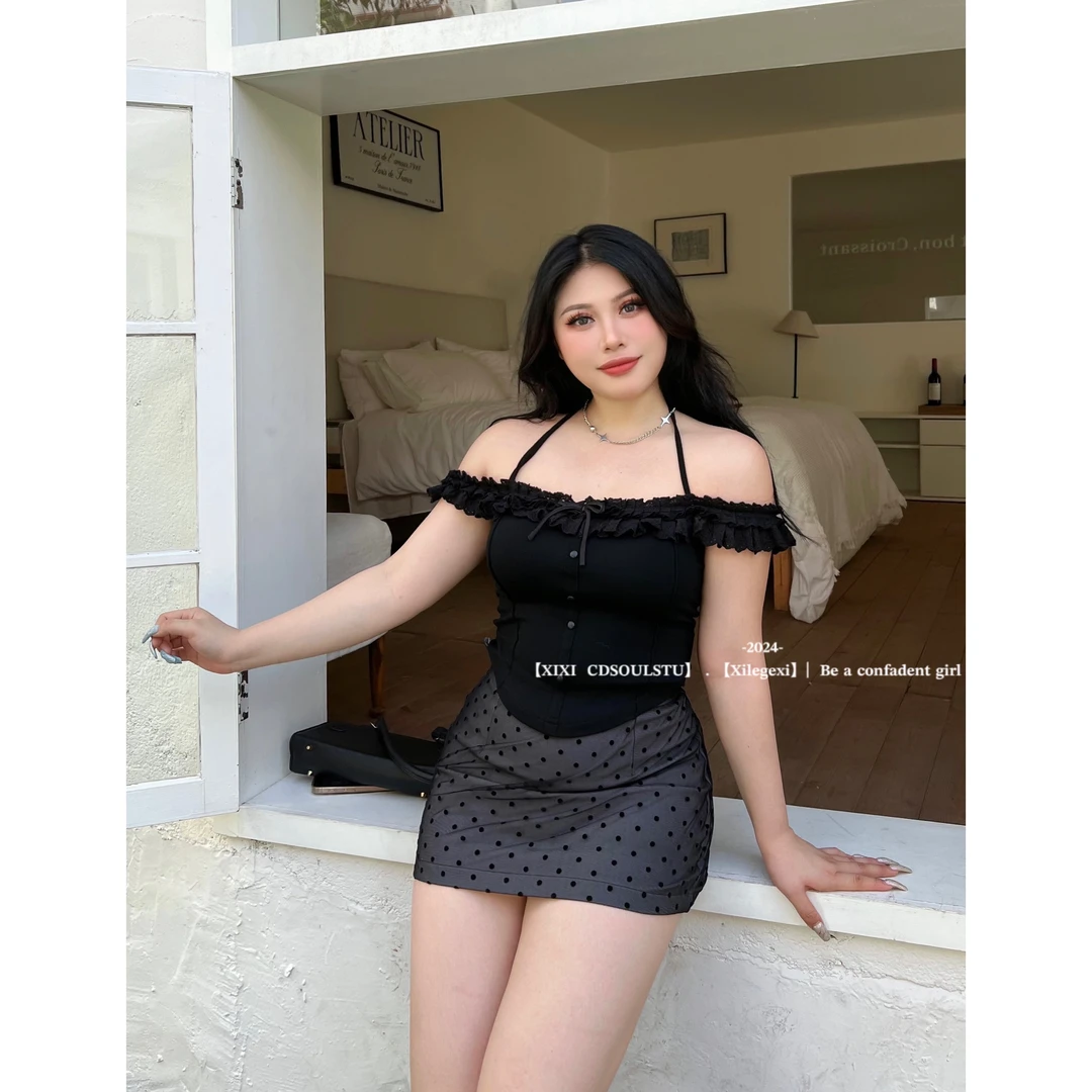 SWEET【起司奶酪】大码蕾丝花边辣妹吊带两穿修身设计感吊带上衣