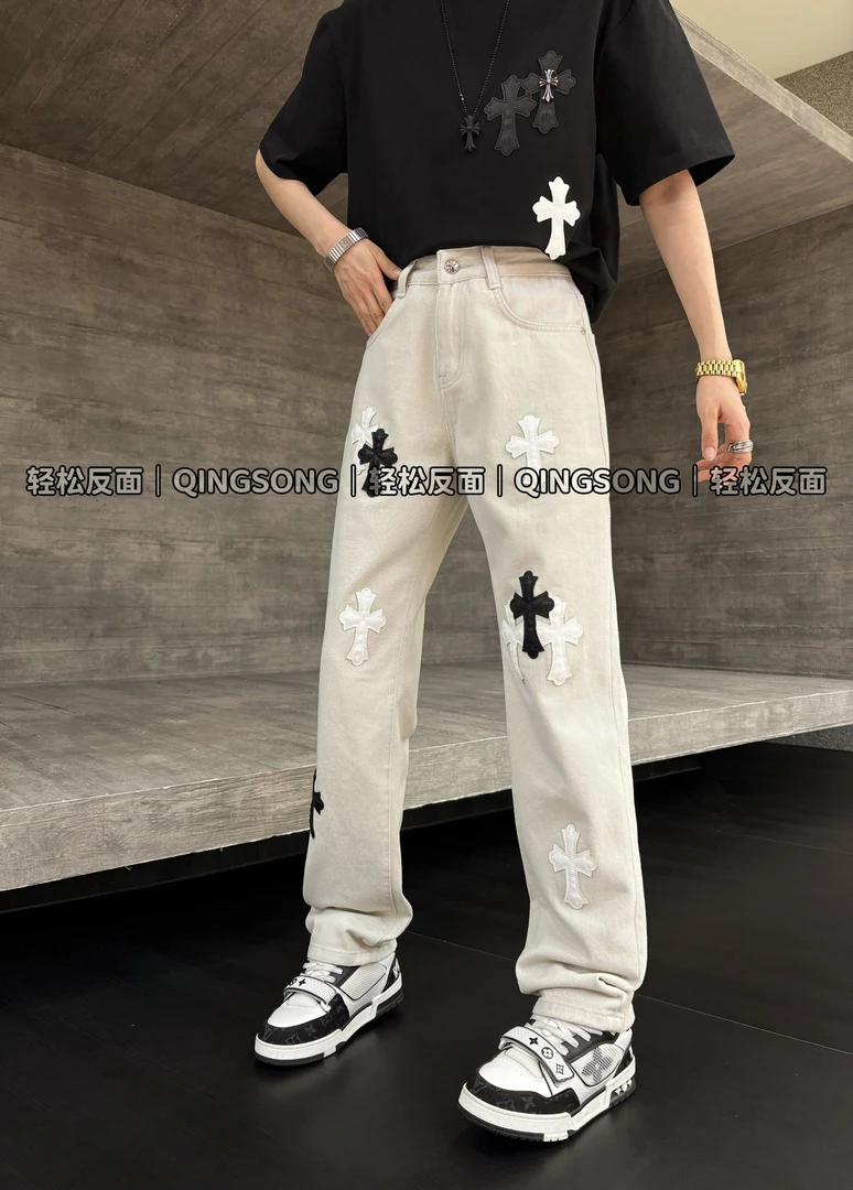 秋冬高街复古潮流十字架重工刺绣中性风直筒牛仔时尚百搭轻奢款