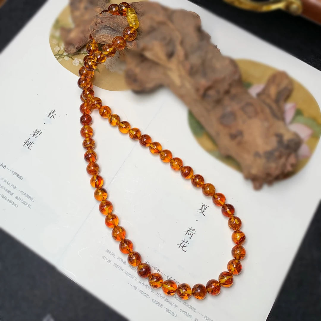 天然原矿花珀圆珠8mm+长款妈妈链