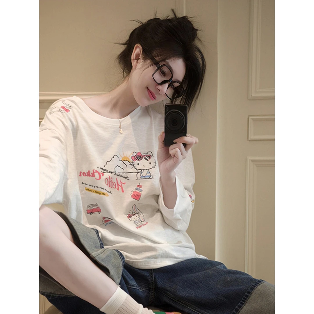 YWBY美式复古慵懒感kitty印花圆领卫衣女设计感宽松百搭外套上衣