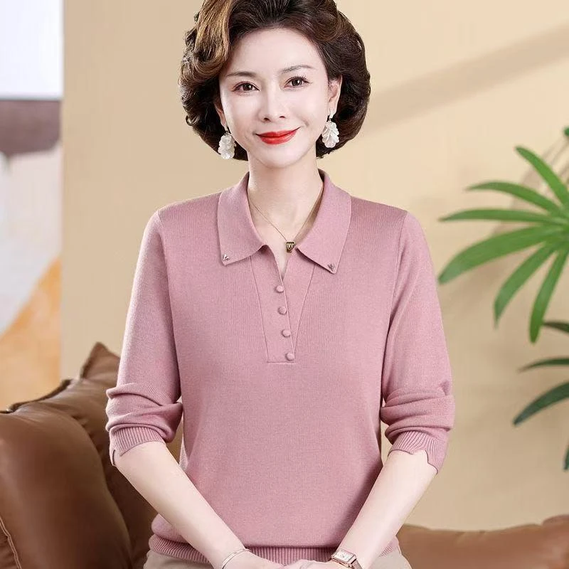 妈妈春秋款长袖针织衫2025年新款纯色翻领打底衫中年女士薄款毛衣