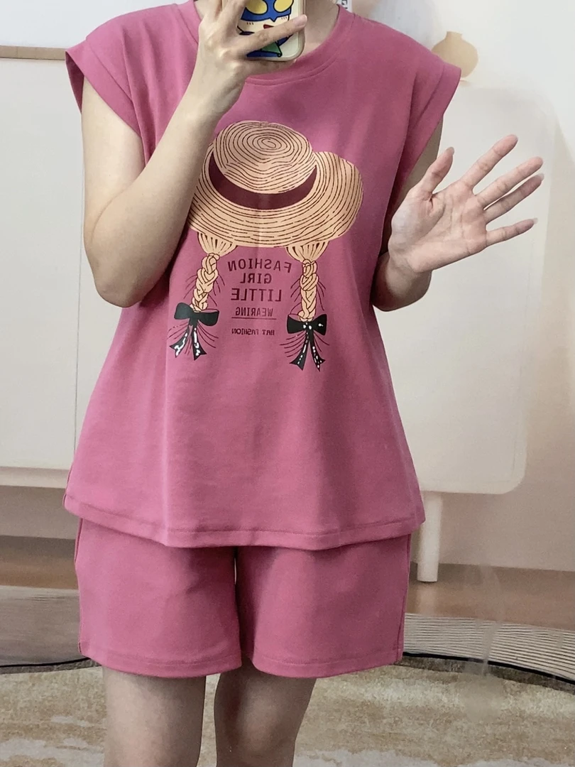 夏季纯棉带胸垫女士睡衣宽松背心套装休闲薄款短袖短裤可外家居服