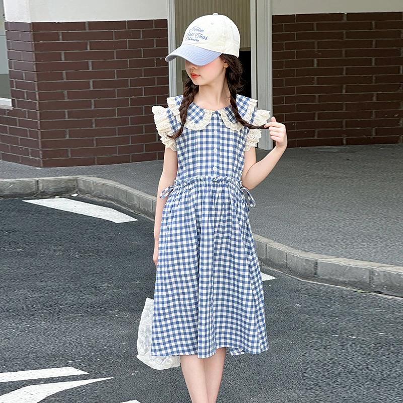 女童连衣裙夏季2025新款花边格子裙儿童夏装娃娃领裙子女孩公主裙