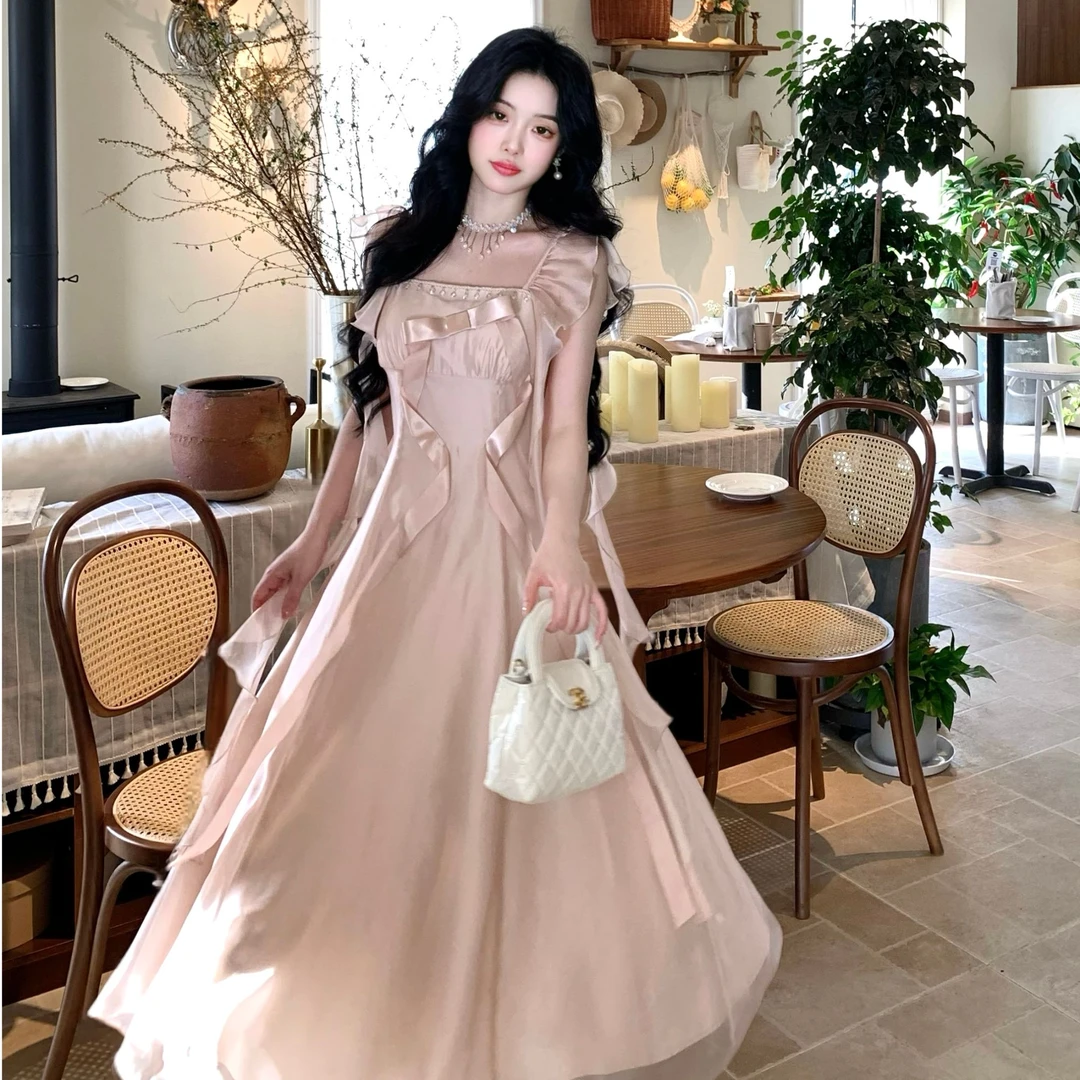 Blovelan缎光折翼 法式甜美减龄小飞袖连衣裙 甜美风显白收腰长裙