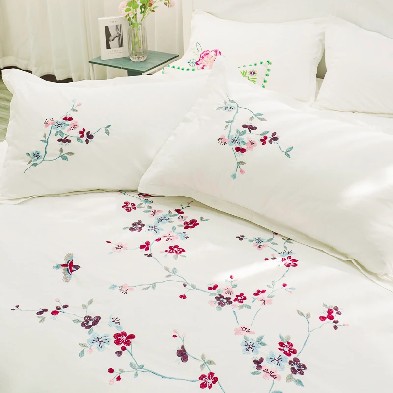 国风刺绣绣球花色织纯棉白色鸟语花香床单被套枕套