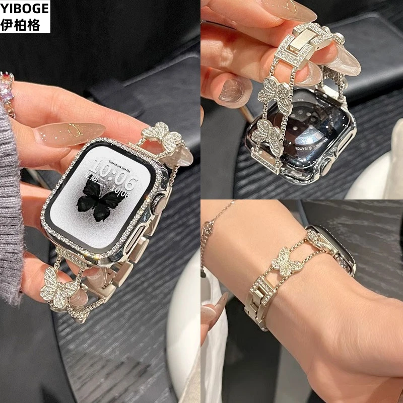 适用苹果手表iwatchs11表带s10闪钻蝴蝶applewatchs9女款se金属链