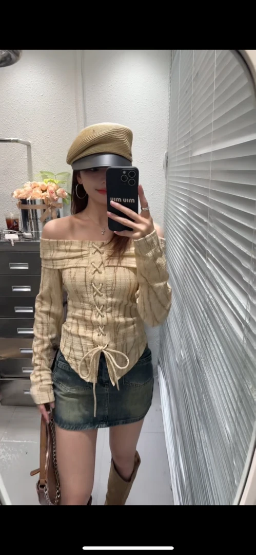 （大發）春季新款不规则设计感一字肩上衣