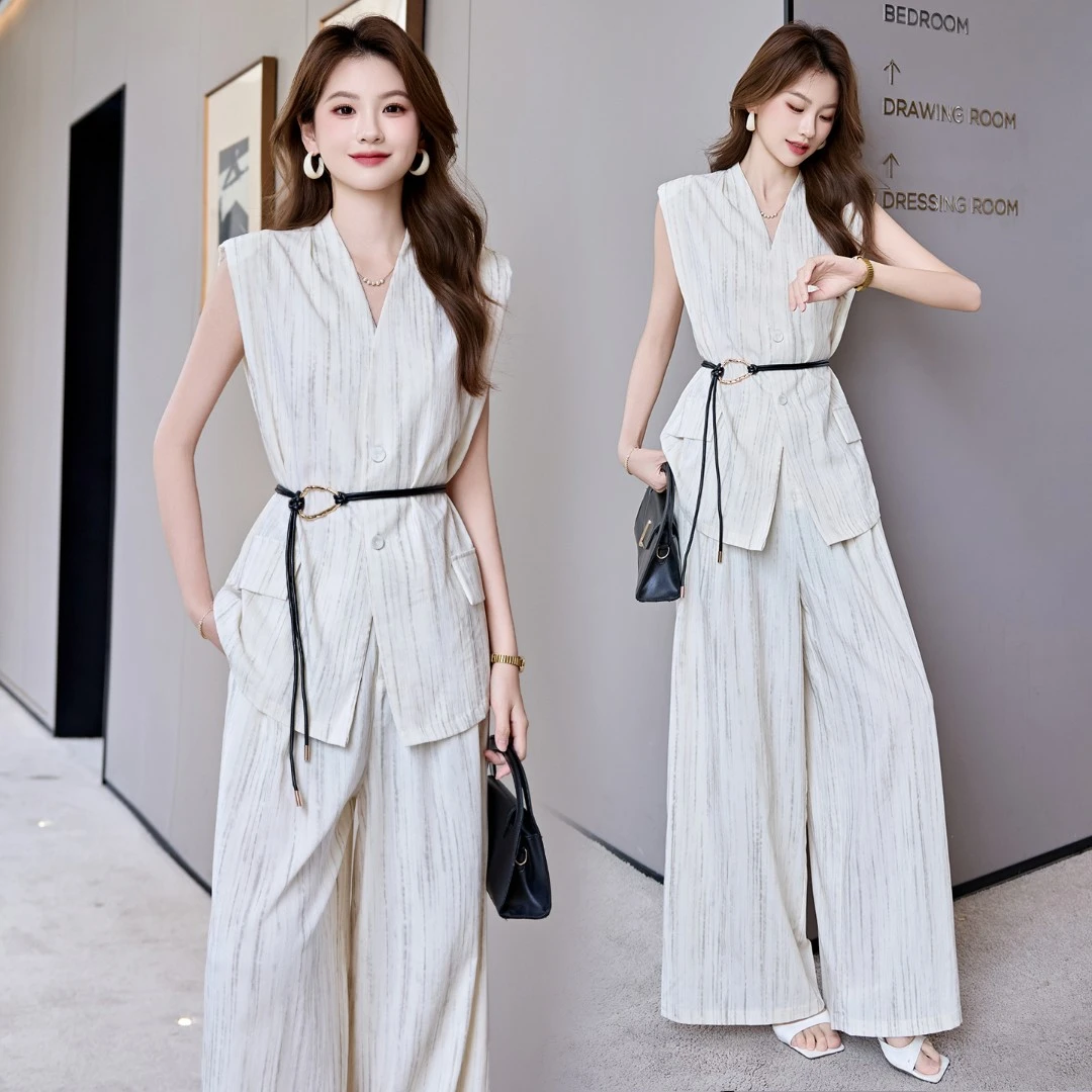 时尚套装女2025新款夏高端气质系带收腰无袖西装马甲阔腿裤两件套