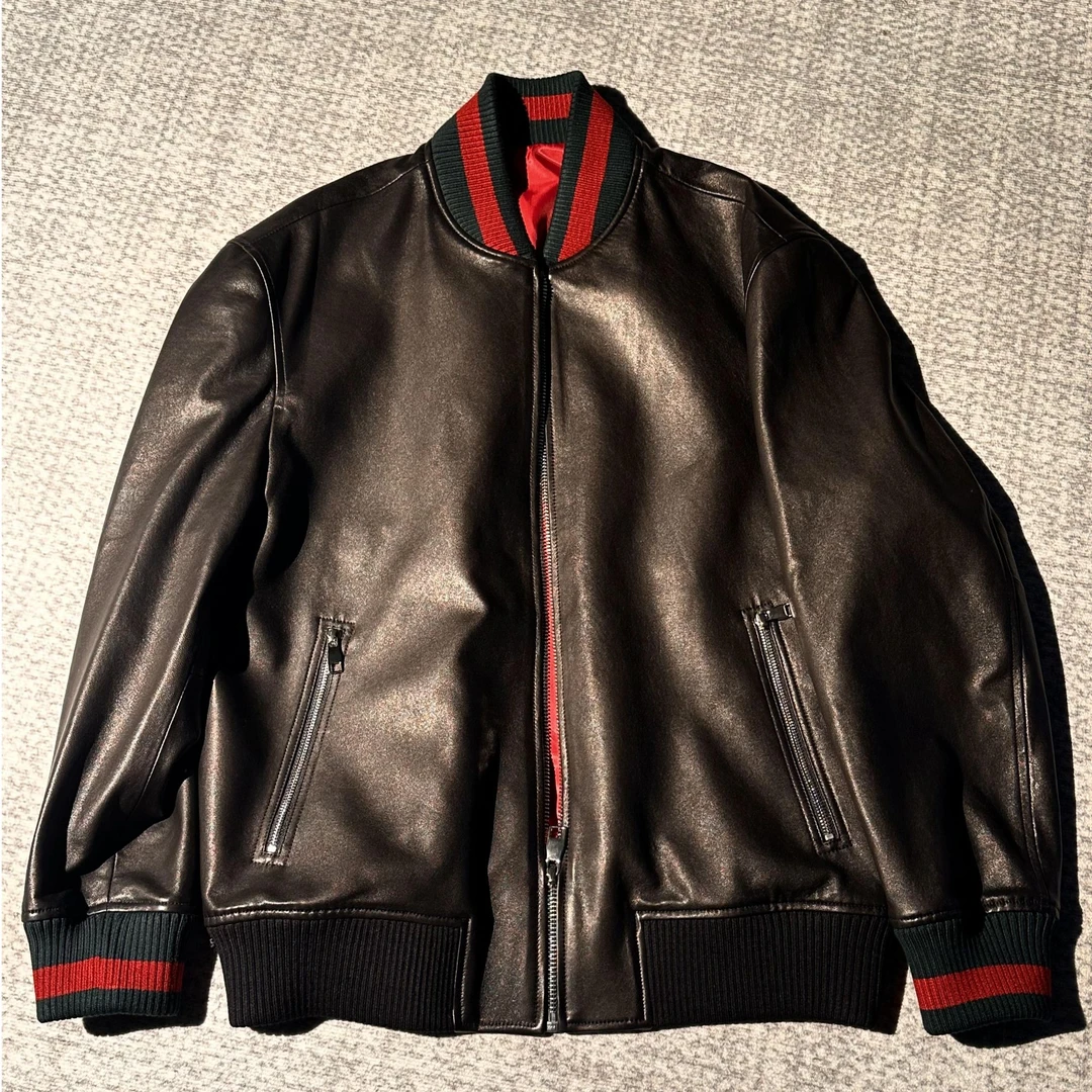MULIGUCCI39000绵羊皮衣饰织带皮革飞行员夹克外套皮衣004
