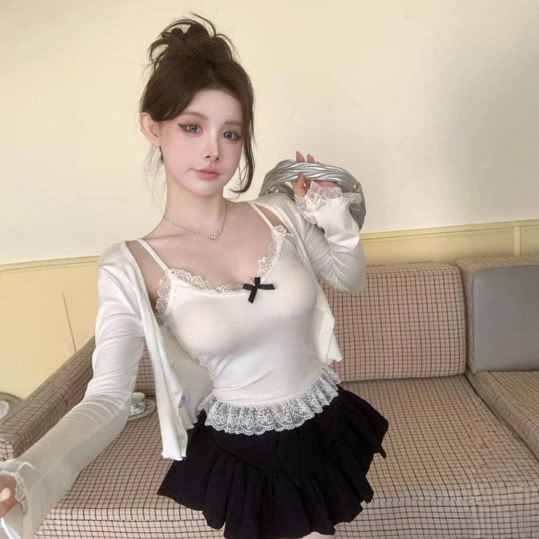 纯欲蕾丝花边春季背心女夏季甜辣妹蝴蝶结修身小吊带短款美背上衣