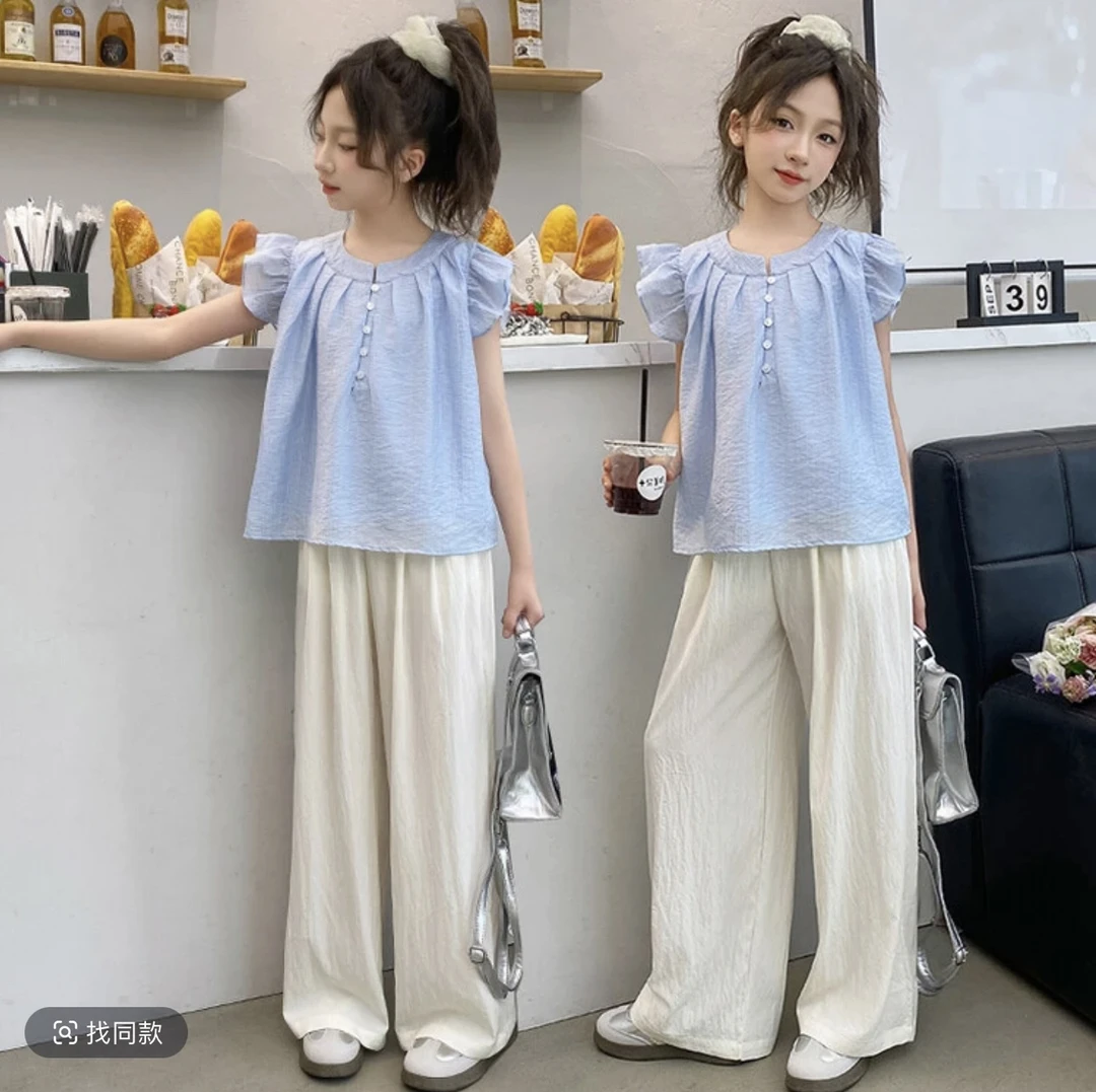 女童甜美套装简约夏季纯色中大童夏天飞袖山本裤子薄款两件套时髦