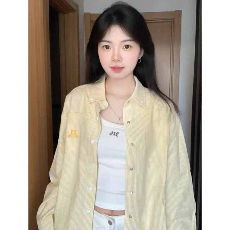 早秋韩系小狗毛巾刺绣条纹宽松百搭衬衫女款外穿防晒外套上衣女