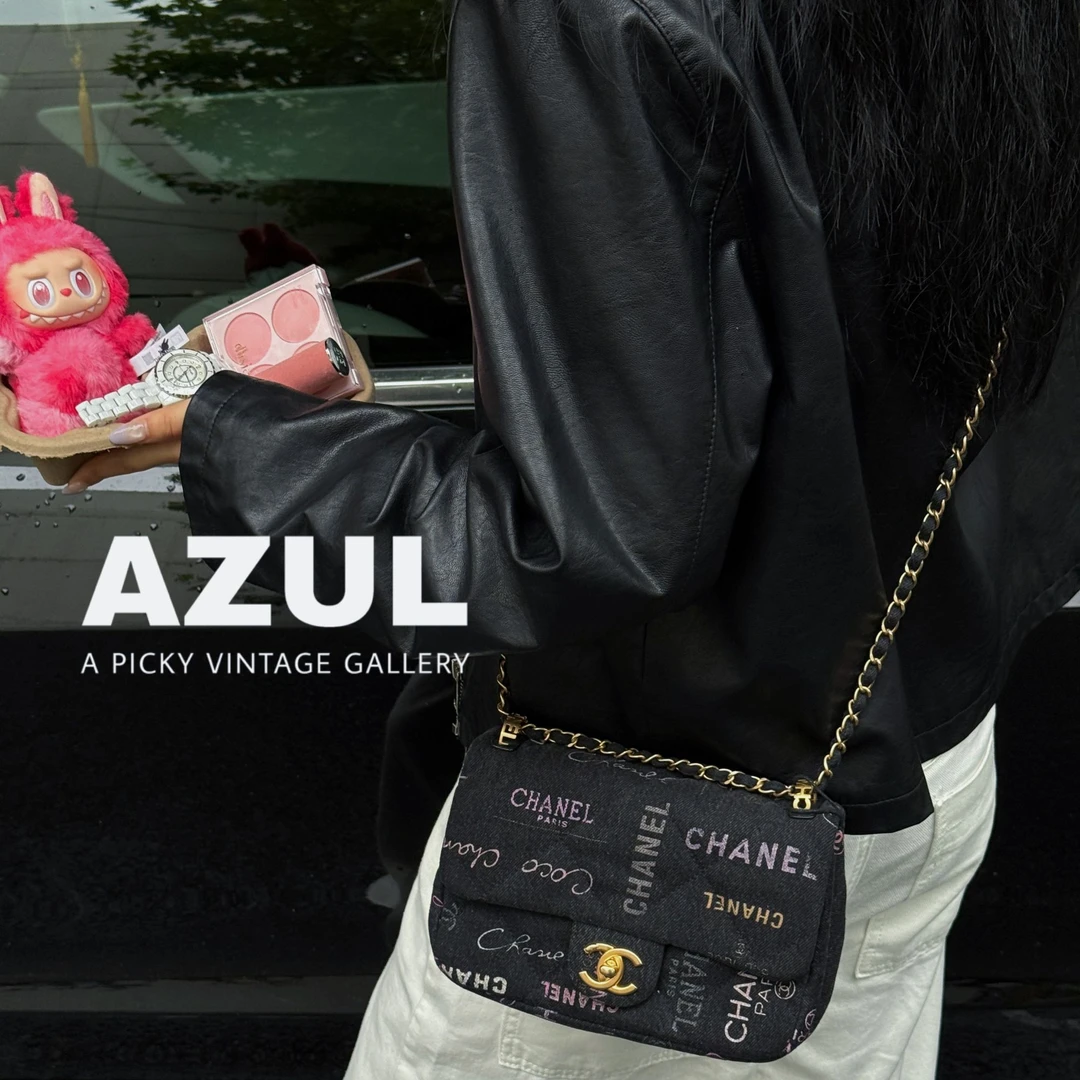 95新 Chanel/香奈儿 22P黑金涂鸦牛仔CF大mini口盖单肩包/49332