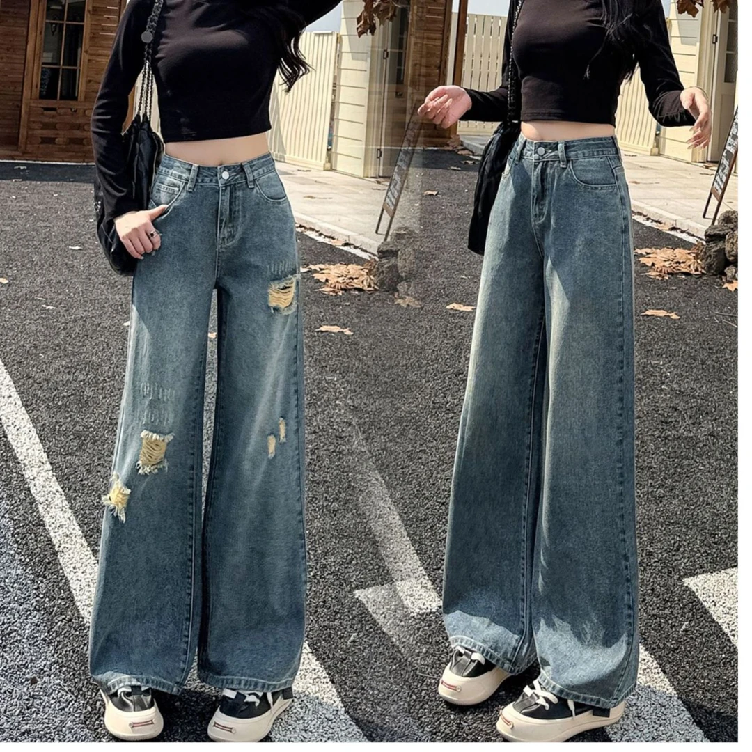 【果果妈】小个子女复古蓝阔腿牛仔裤拖地裤宽松高腰显瘦直筒牛仔裤