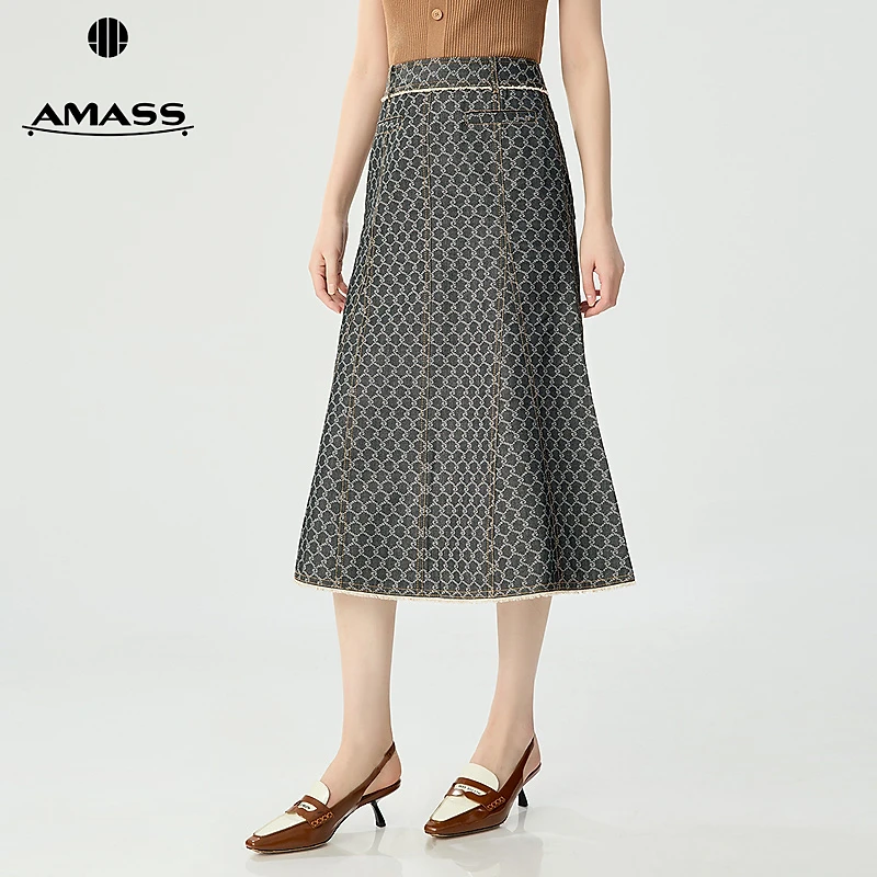 阿玛施AMASS 品质女装百搭仿牛仔面料复古格纹八片鱼尾裙520003