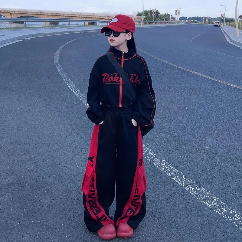 女童酷飒风撞色休闲裤2025秋款中大童潮搭爵士街舞短款外套两件套