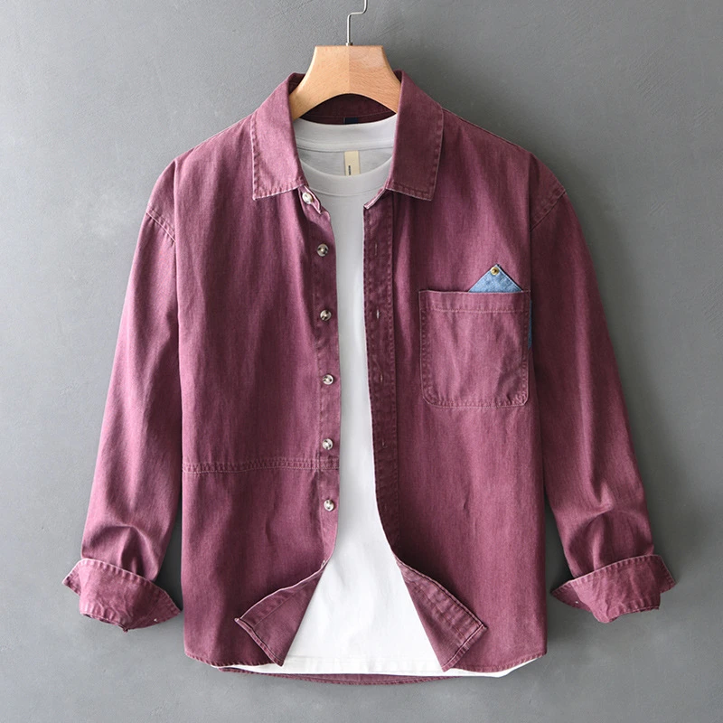 T755男士春夏新款长袖休闲衬衫时尚衬衣休闲宽松大码纯棉男装外套