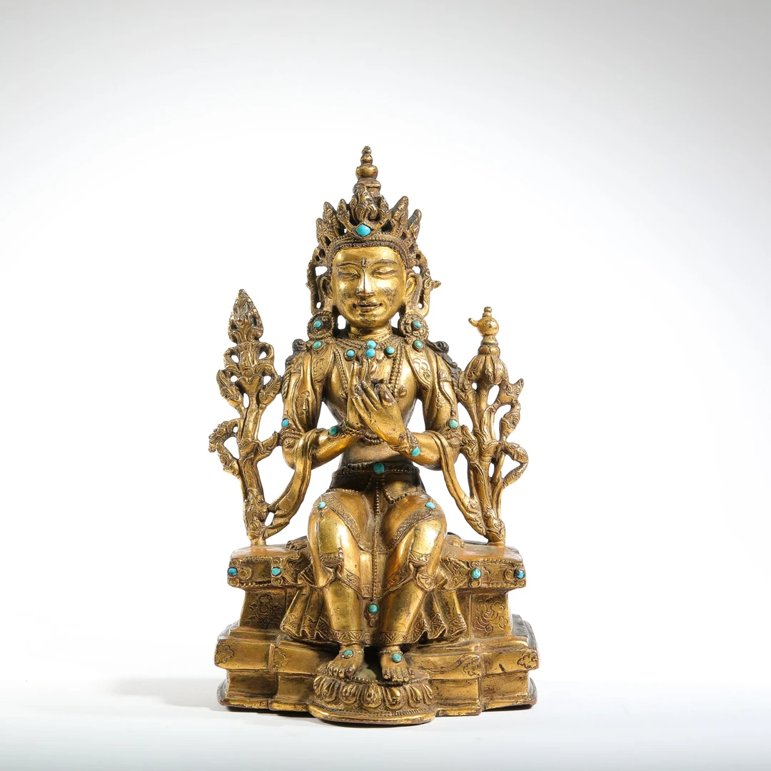 16. 清 铜鎏金嵌宝弥勒菩萨坐像【古董拍卖】