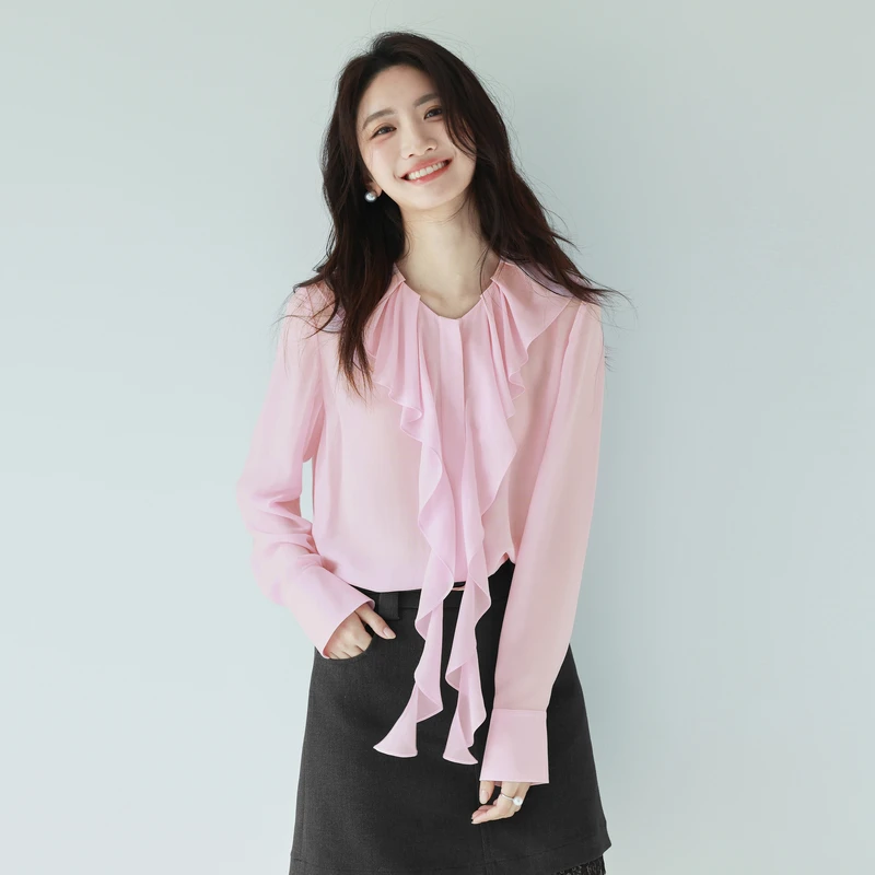 伊芙丽百搭荷叶领定染粉色透感飘逸衬衫春设计感小上衣1G2921161