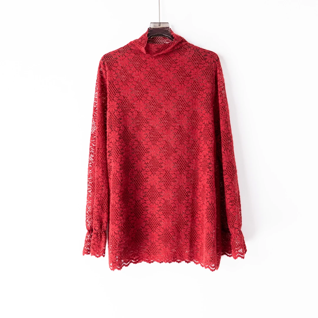 PS241214新款气质长袖时尚百搭高领镂空薄款宽松蕾丝衫打底衫性感