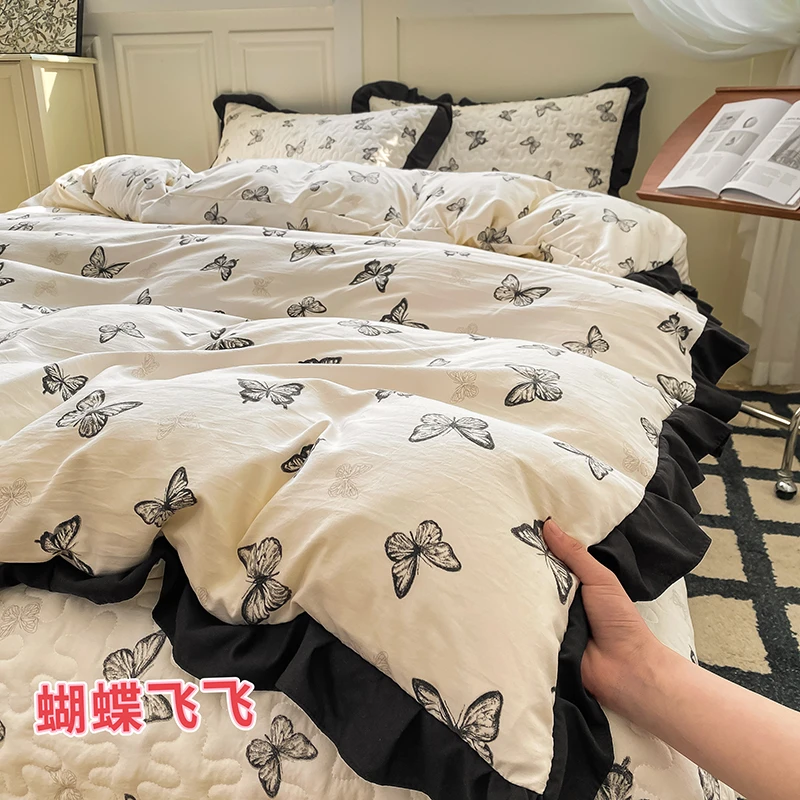 新款法式赫本风复古水亲肤四件套床盖款印花花边被套居家床上用品