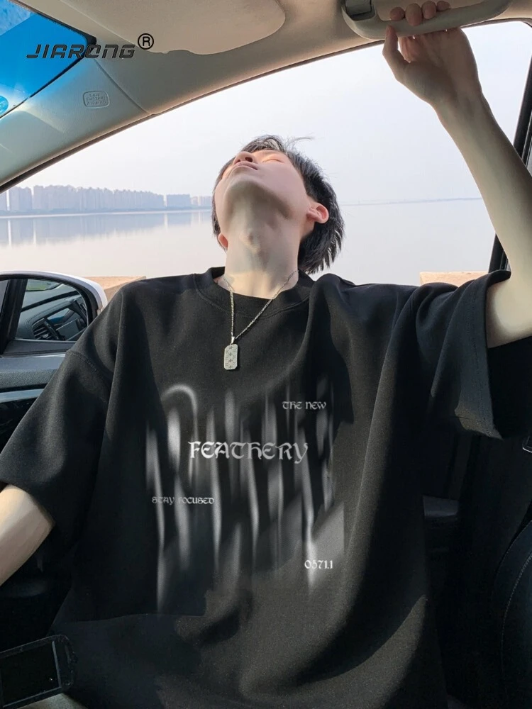 模糊字母印花T恤男夏季纯棉美式重磅少年感穿搭短袖高级感上衣服