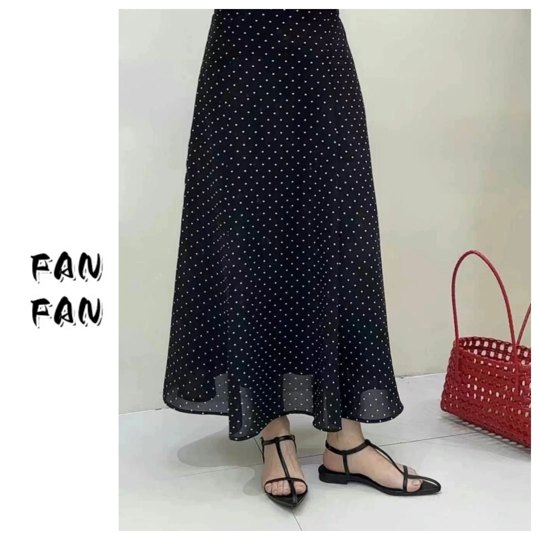 FANFAN【纱飘逸】垂感黑色小波点半身裙