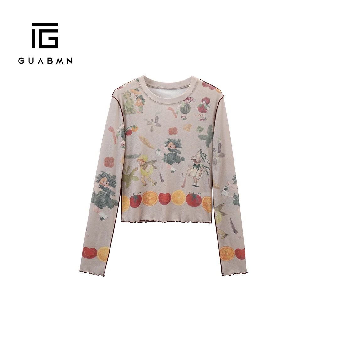 GUABMN2025春季新款法式复古手绘印花长袖薄款针织衫3637