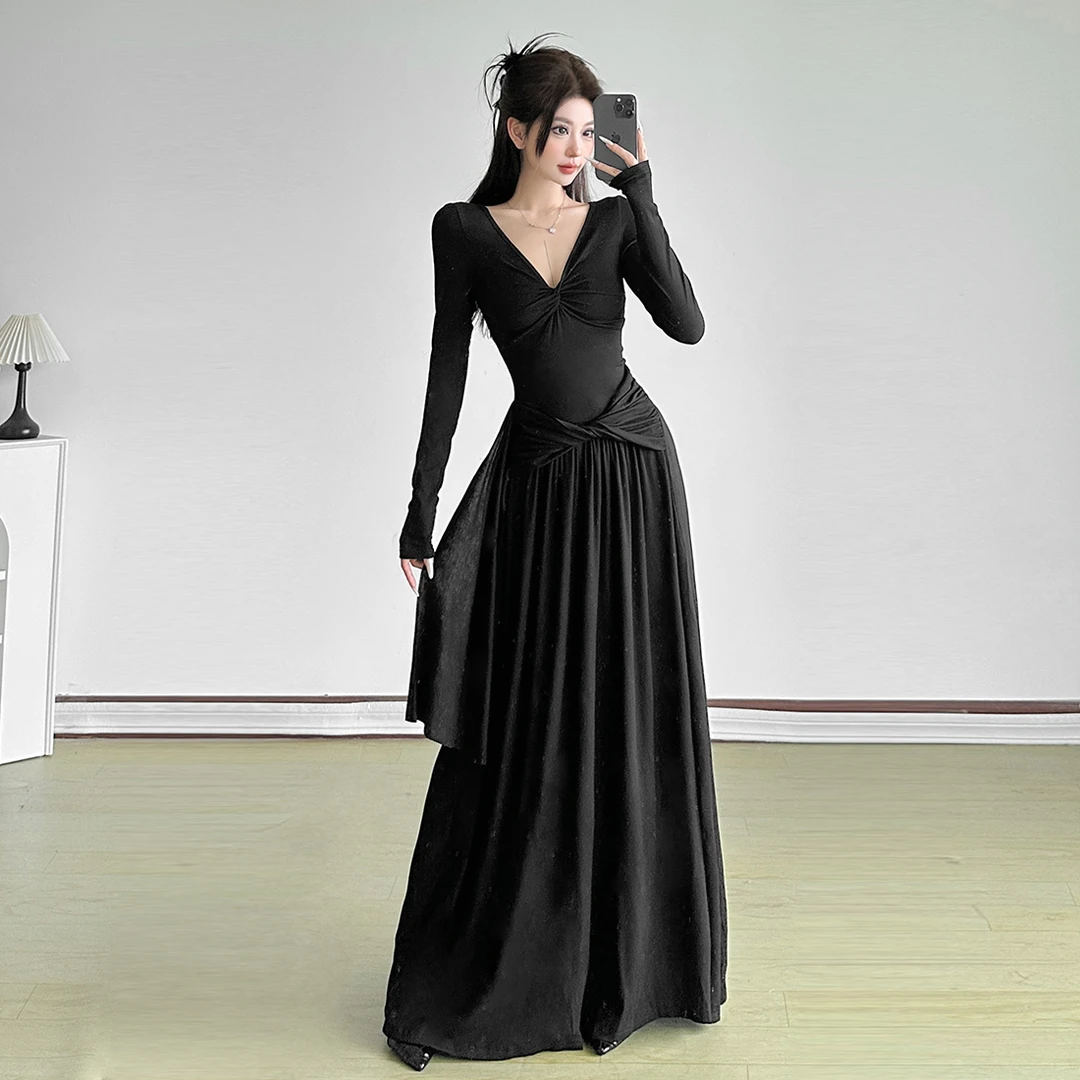 Malou慵懒风日常休闲V领掐腰显瘦连衣裙女 通勤百搭长裙K25D79158