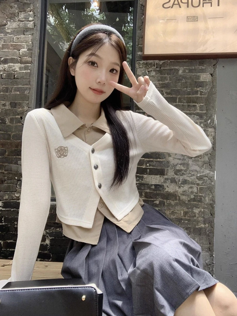 学院风针织拼接假两件长袖衬衫女春季新款设计感小众显瘦遮肉上衣