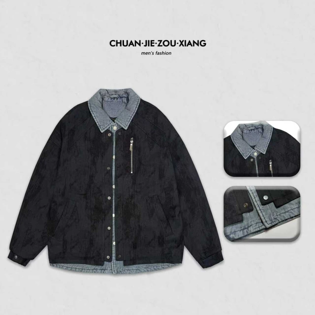 《穿街走巷》设计师款90绒假两件水洗牛仔拼接翻领羽绒服外套1052