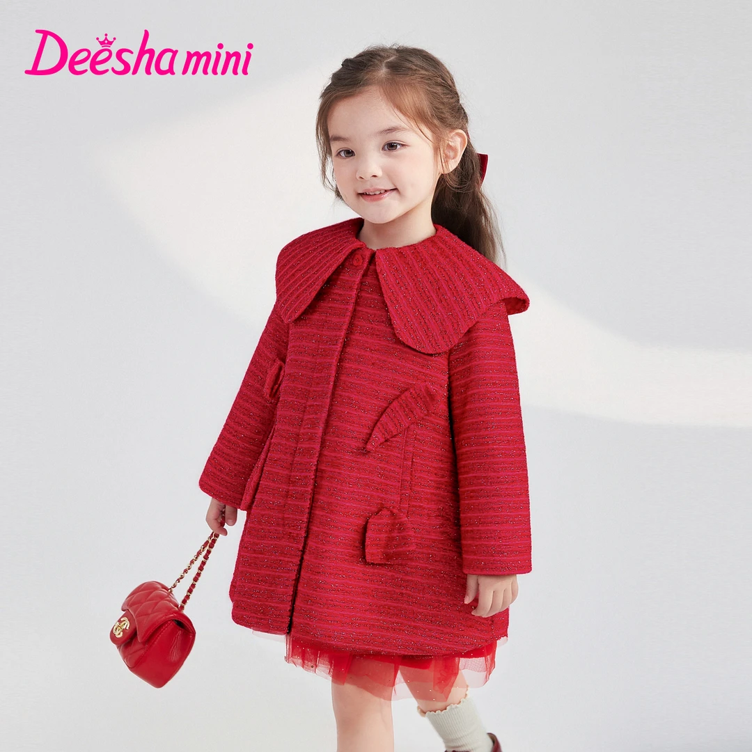 笛莎女童儿童外套保暖时尚郁金香冬季大衣红色新年款-132566201