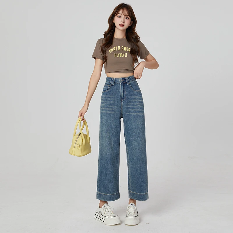 夏季新款高腰九分阔腿直筒牛仔裤女小个子微胖梨形显瘦百搭奶奶裤