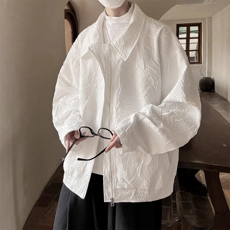 GS法式高级感外套男轻奢炸街飞行员夹克春款褶皱情侣棒球服