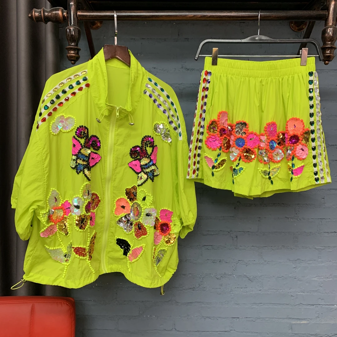 夏季设计感潮牌玫红果绿色防晒套装