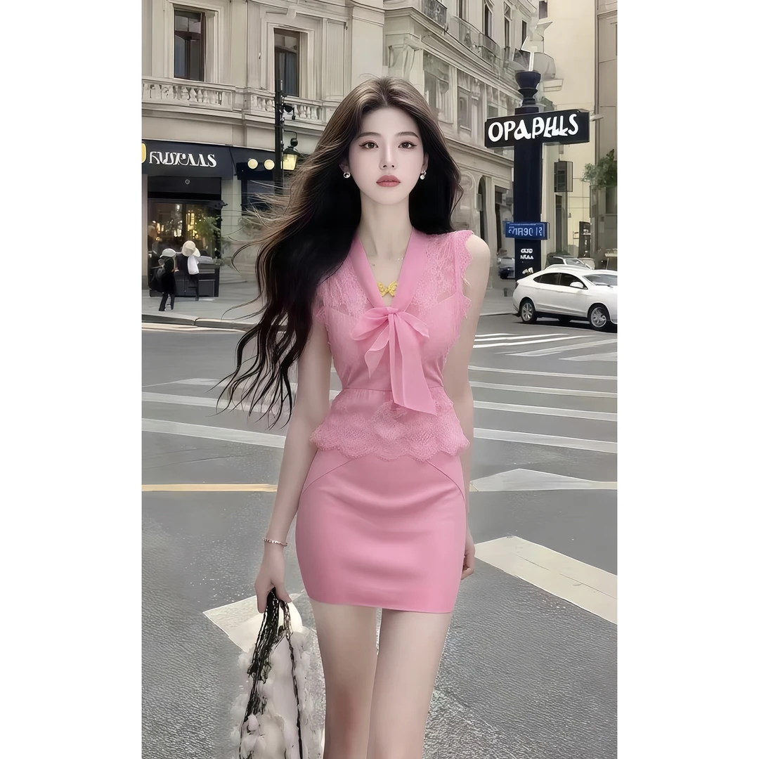 夏季新款温柔风粉色蕾丝V领无袖修身上衣+粉色包臀百搭半身裙套装