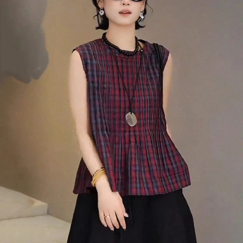 复古背心无袖格子衬衫女夏2025新款设计感亚麻小衫法式小资小上衣