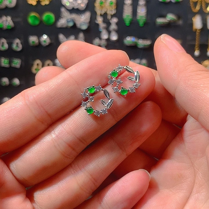 翡翠戒指银S925镶嵌耳钉